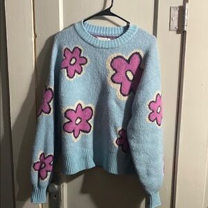 American Eagle Outfitters Blue and Pink Crew Neck Sweater